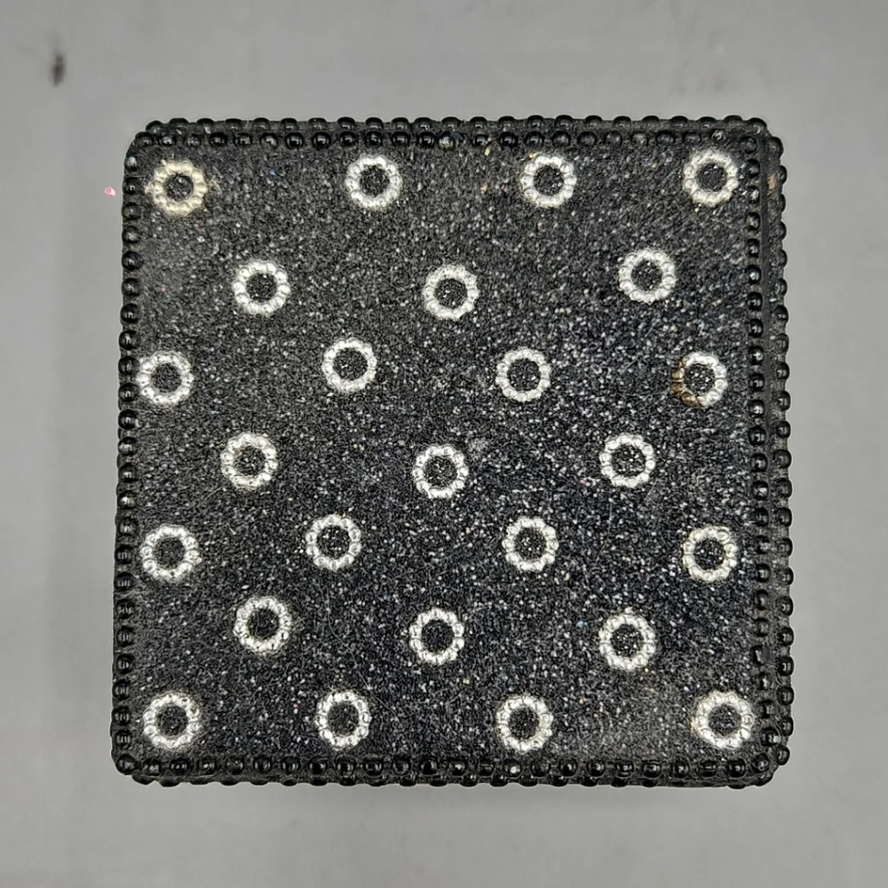 Vintage Black Glitter Trinket Box Jewelry Jeweled Beaded India Storage Sparkle